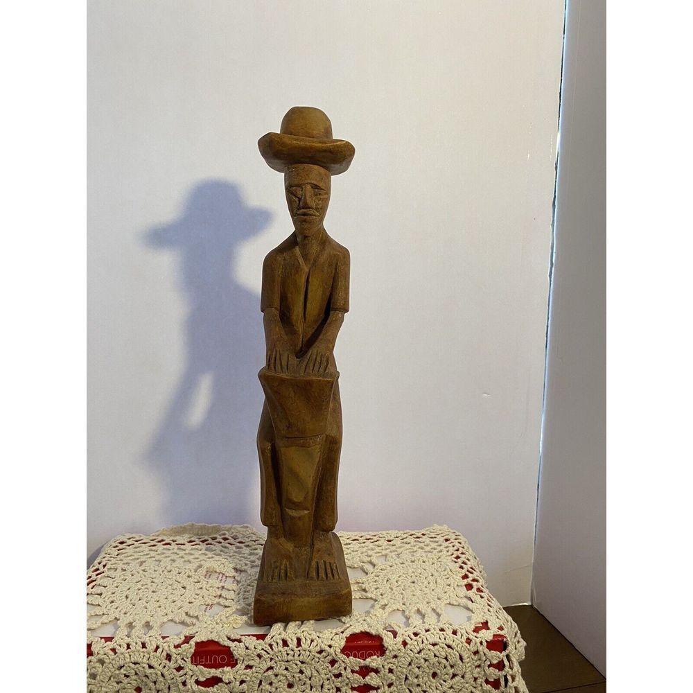 Folk Art Sculpture of‎ Man with Hat and a Drum, Wood Carved Drummer, Vintage.